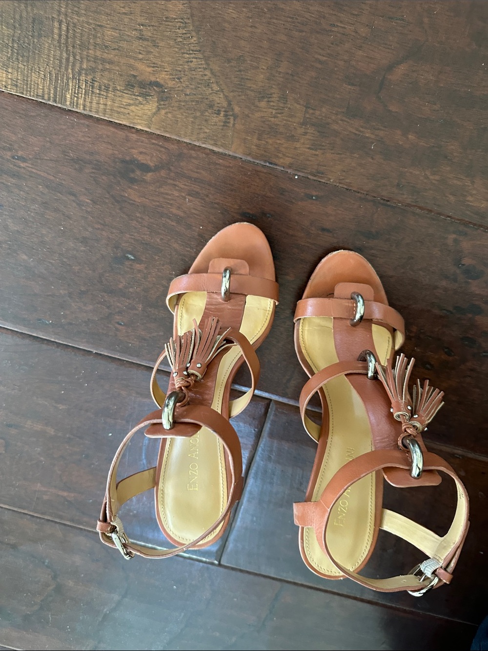 Enzo Angiolini Tan Leather Tassel Ankle-Strap Sandals
